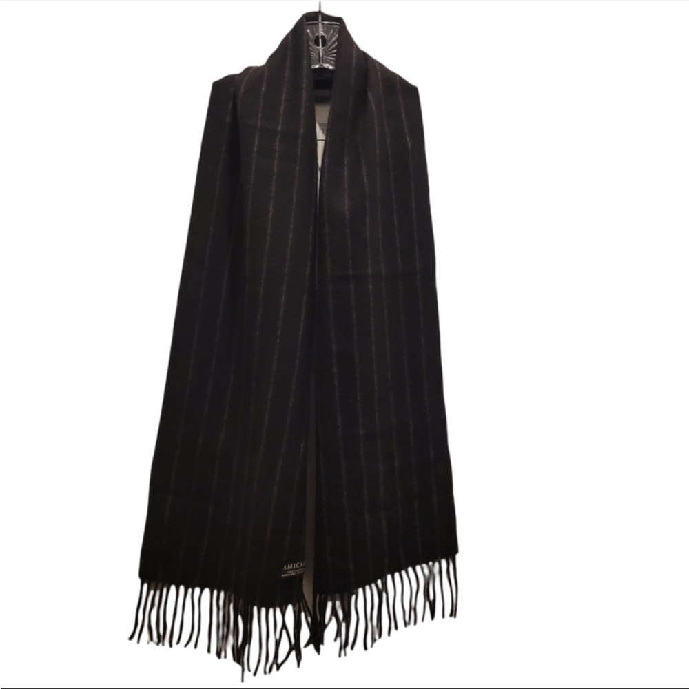 Amicale Pure Cashmere Scarf Wrap Black Pin Stripe Fringe